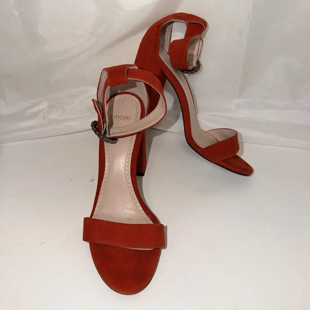 Maje Faria Red Suede Block Heel Sandals 37 US 6.5 Crystal Buckle Portugal JB2